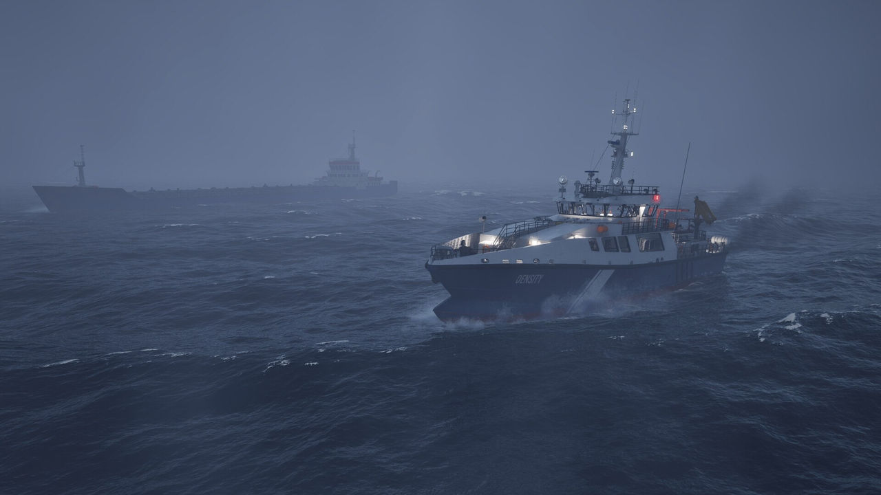 A workboat manoeuvring alongside a freighter in a Northern European harbour