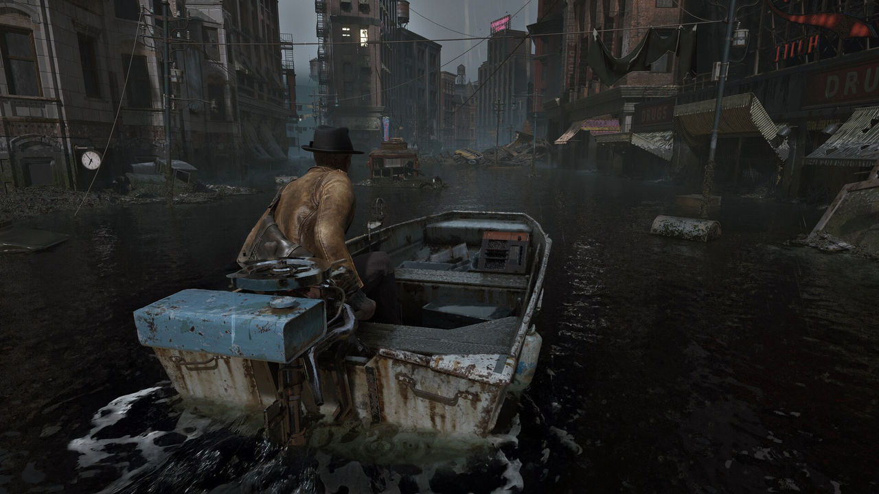 A flooded Arkham street with a boat moored at the kerb